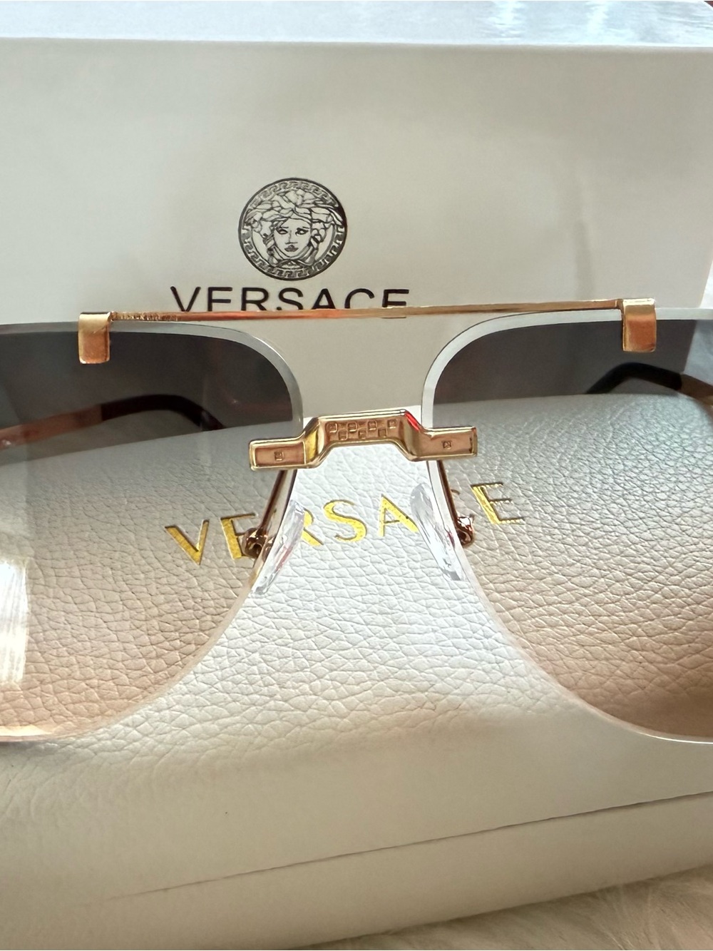 Versace Women's Rimless Gold Sunglasses - Brown Gradient Lenses - Picture 4 of 8